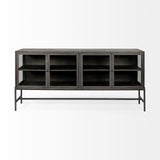 Mercana Arelius 70x18 Black-Brown Wood, Black Metal Base w/ 4 Glass Cabinet Doors Sideboard