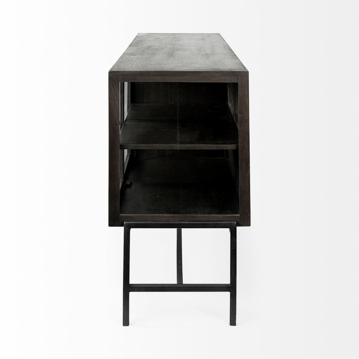 Mercana Arelius 70x18 Black-Brown Wood, Black Metal Base w/ 4 Glass Cabinet Doors Sideboard