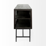 Mercana Arelius 70x18 Black-Brown Wood, Black Metal Base w/ 4 Glass Cabinet Doors Sideboard