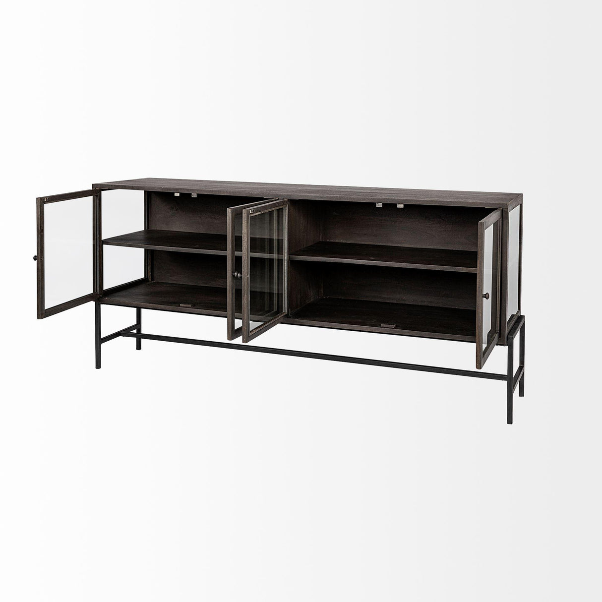 Mercana Arelius 70x18 Black-Brown Wood, Black Metal Base w/ 4 Glass Cabinet Doors Sideboard