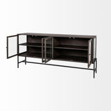 Mercana Arelius 70x18 Black-Brown Wood, Black Metal Base w/ 4 Glass Cabinet Doors Sideboard