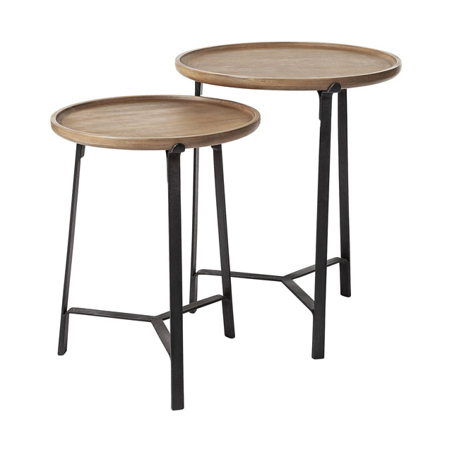 Mercana Helios III 20L x 24H Set of Two Round Brown Solid Wood Iron Base Nesting End/Side Tables