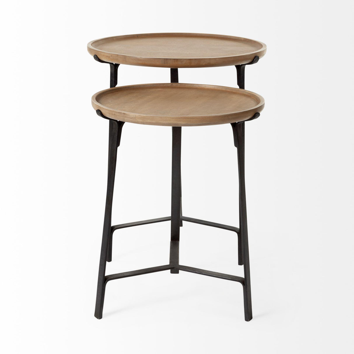 Mercana Helios III 20L x 24H Set of Two Round Brown Solid Wood Iron Base Nesting End/Side Tables
