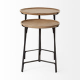 Mercana Helios III 20L x 24H Set of Two Round Brown Solid Wood Iron Base Nesting End/Side Tables