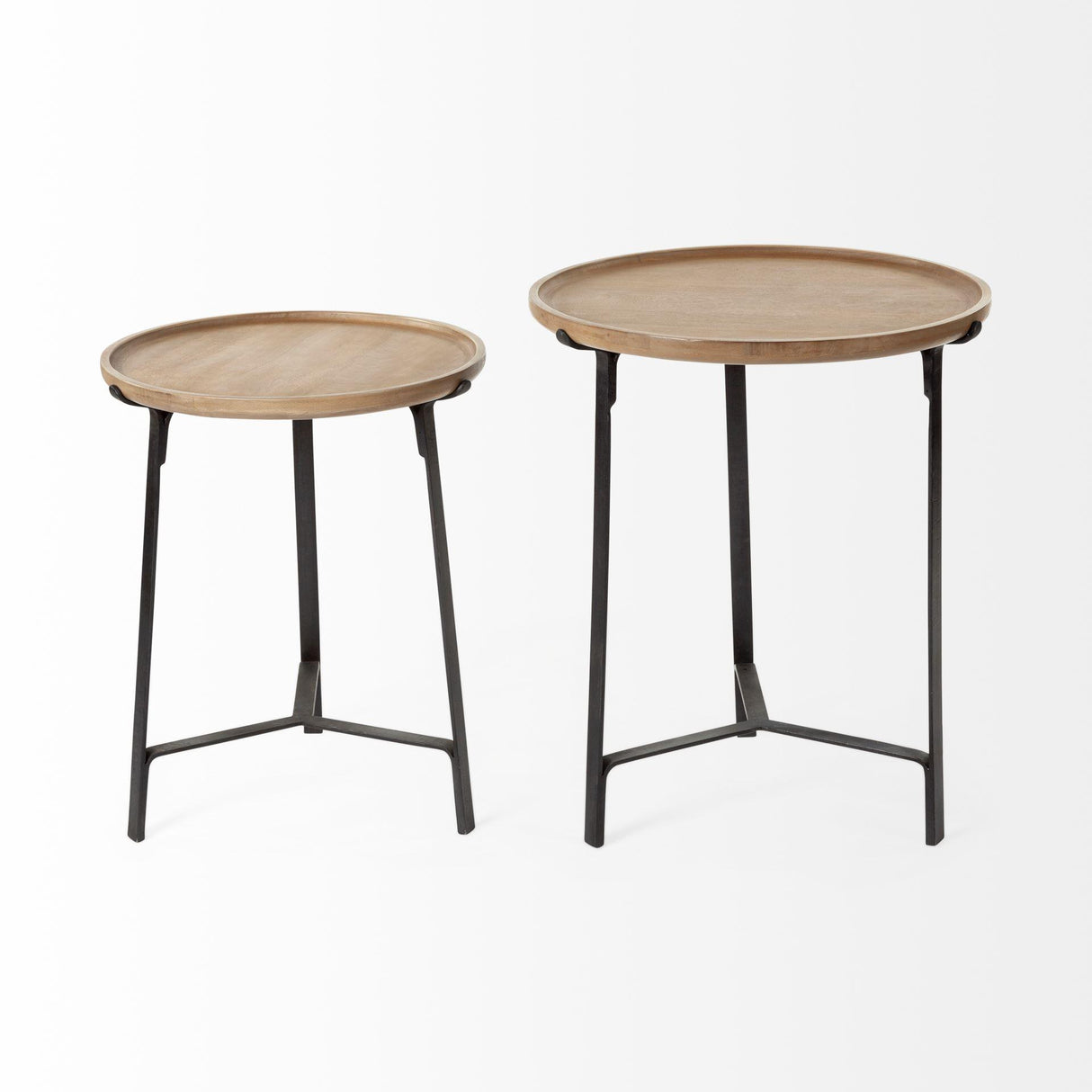 Mercana Helios III 20L x 24H Set of Two Round Brown Solid Wood Iron Base Nesting End/Side Tables