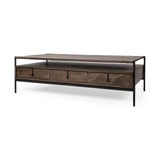 Mercana Glenn II 54x30 Dark Brown Wood w/ Black Iron Frame, Rectangle 3 Drawers Coffee Table