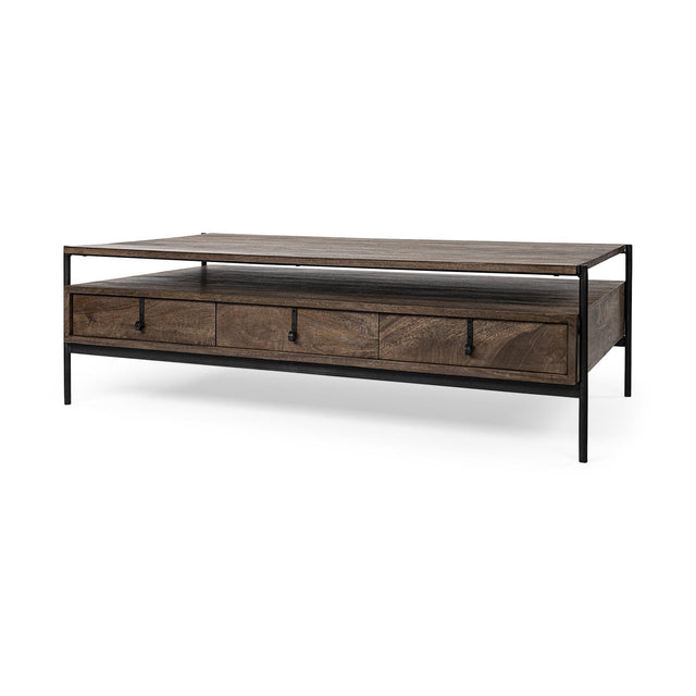 Mercana Glenn II 54x30 Dark Brown Wood w/ Black Iron Frame, Rectangle 3 Drawers Coffee Table