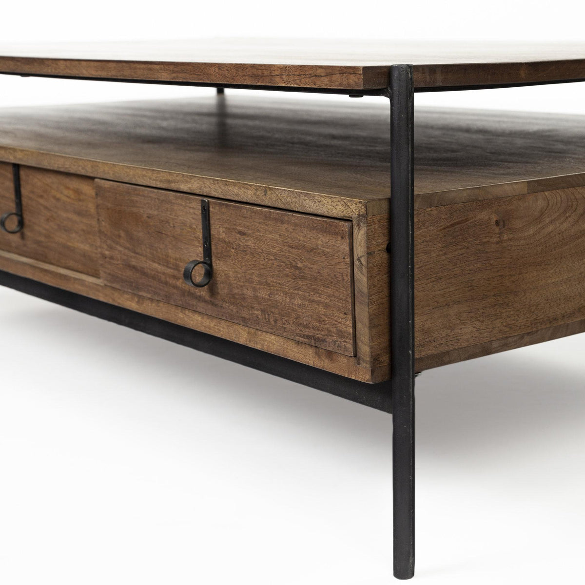 Mercana Glenn II 54x30 Dark Brown Wood w/ Black Iron Frame, Rectangle 3 Drawers Coffee Table