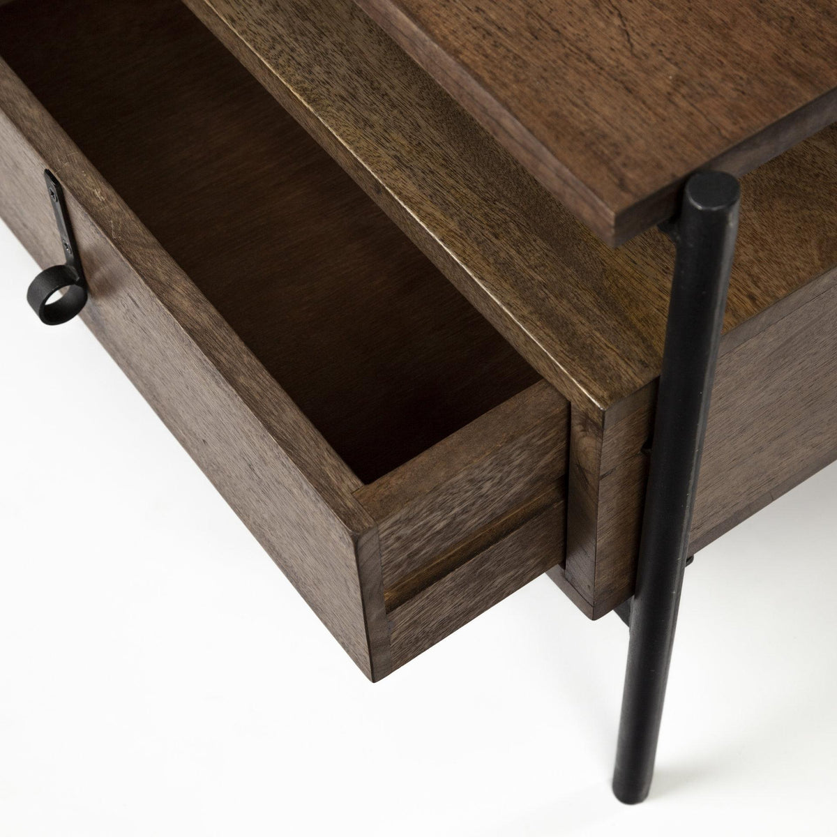 Mercana Glenn II 54x30 Dark Brown Wood w/ Black Iron Frame, Rectangle 3 Drawers Coffee Table