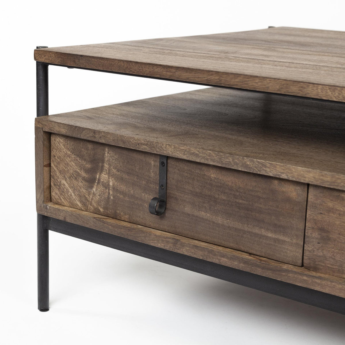 Mercana Glenn II 54x30 Dark Brown Wood w/ Black Iron Frame, Rectangle 3 Drawers Coffee Table
