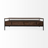 Mercana Glenn II 54x30 Dark Brown Wood w/ Black Iron Frame, Rectangle 3 Drawers Coffee Table