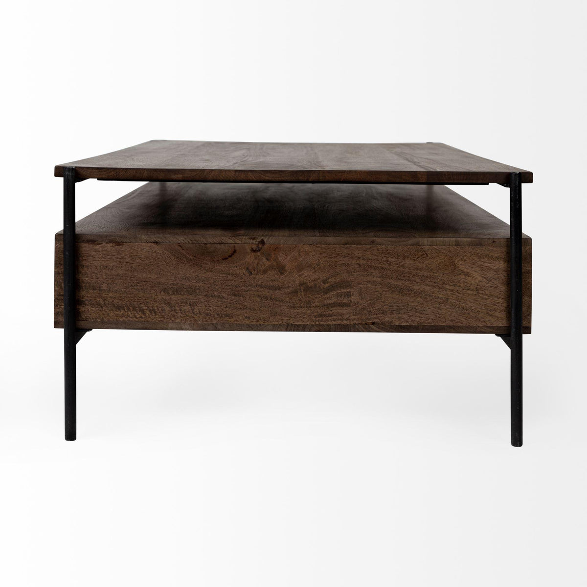 Mercana Glenn II 54x30 Dark Brown Wood w/ Black Iron Frame, Rectangle 3 Drawers Coffee Table