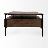 Mercana Glenn II 54x30 Dark Brown Wood w/ Black Iron Frame, Rectangle 3 Drawers Coffee Table