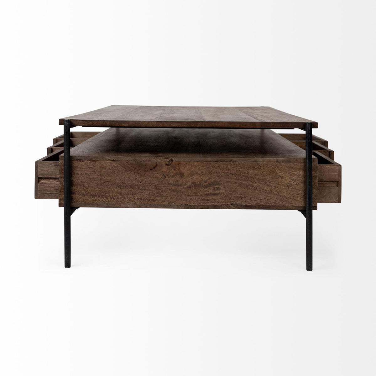 Mercana Glenn II 54x30 Dark Brown Wood w/ Black Iron Frame, Rectangle 3 Drawers Coffee Table