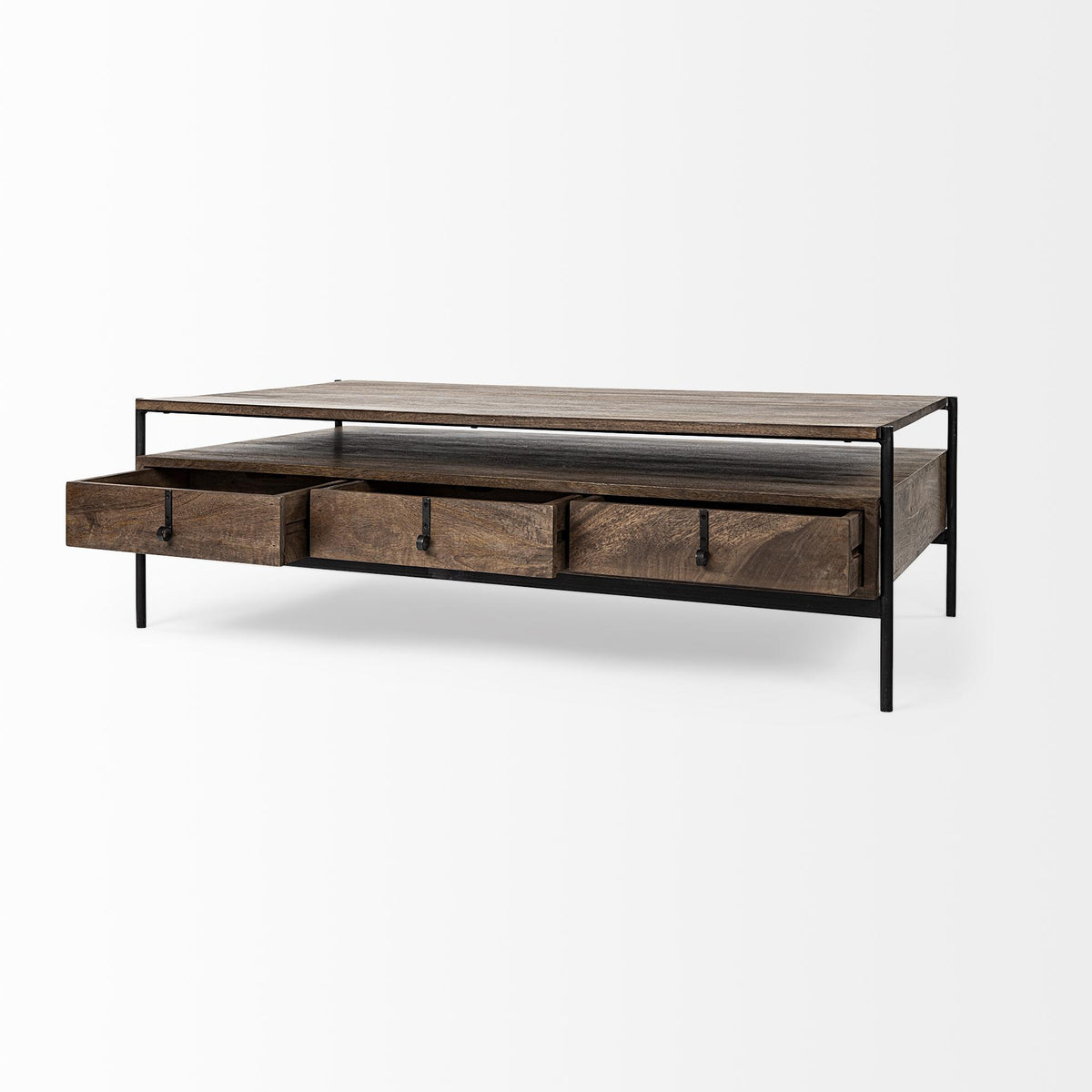 Mercana Glenn II 54x30 Dark Brown Wood w/ Black Iron Frame, Rectangle 3 Drawers Coffee Table