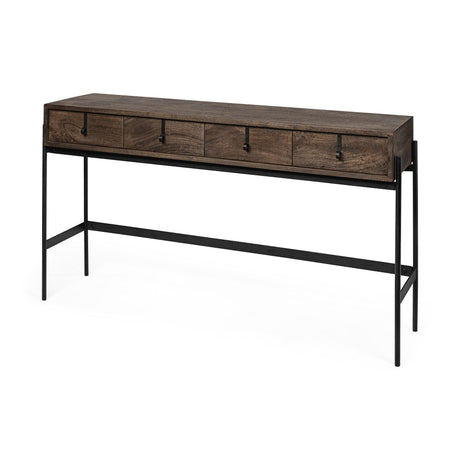 Mercana Glenn III 56L x 14W Dark Brown Wood w/ Black Iron Frame, 4 Drawer Console Table