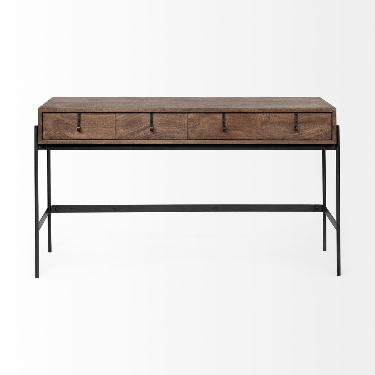 Mercana Glenn III 56L x 14W Dark Brown Wood w/ Black Iron Frame, 4 Drawer Console Table