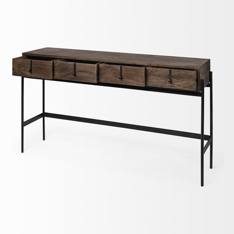 Mercana Glenn III 56L x 14W Dark Brown Wood w/ Black Iron Frame, 4 Drawer Console Table