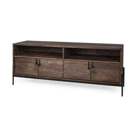 Mercana Glenn IV Dark Brown Wood w/ Black Iron Frame Media Console w/ Storage, TV Stand for TV up to 71"