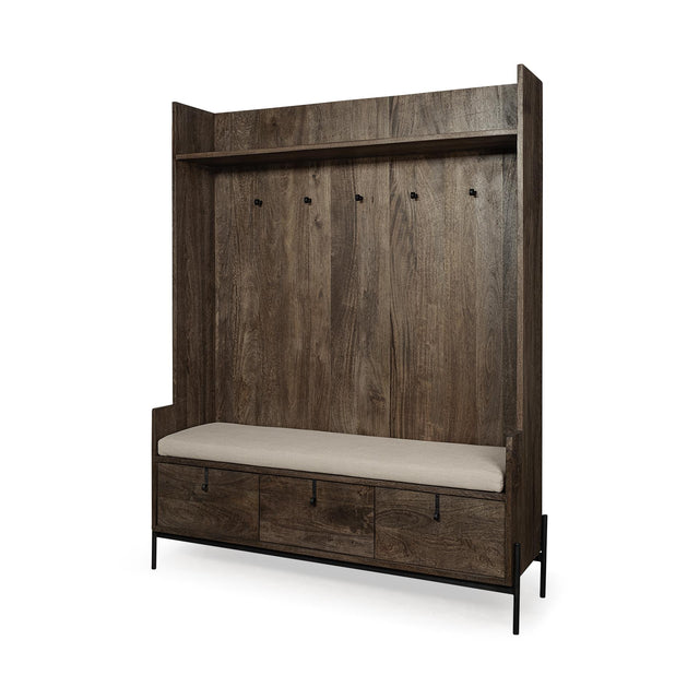 Mercana Glenn V 56L x 17W Dark Brown Wood w/ Cream Fabric Seat, 3 Drawers Hall Tree