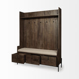 Mercana Glenn V 56L x 17W Dark Brown Wood w/ Cream Fabric Seat, 3 Drawers Hall Tree