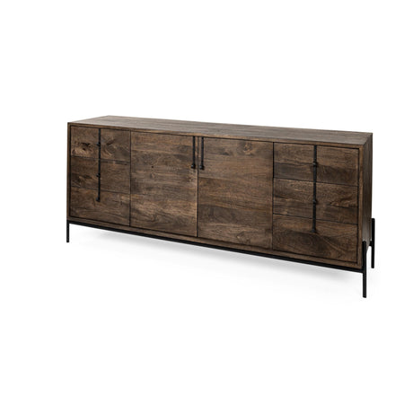 Mercana Glenn VI 71.5x18 Dark Brown Wood Frame w/ Black Iron Accent, 6 Drawer, 2 Door Cabinet Sideboard