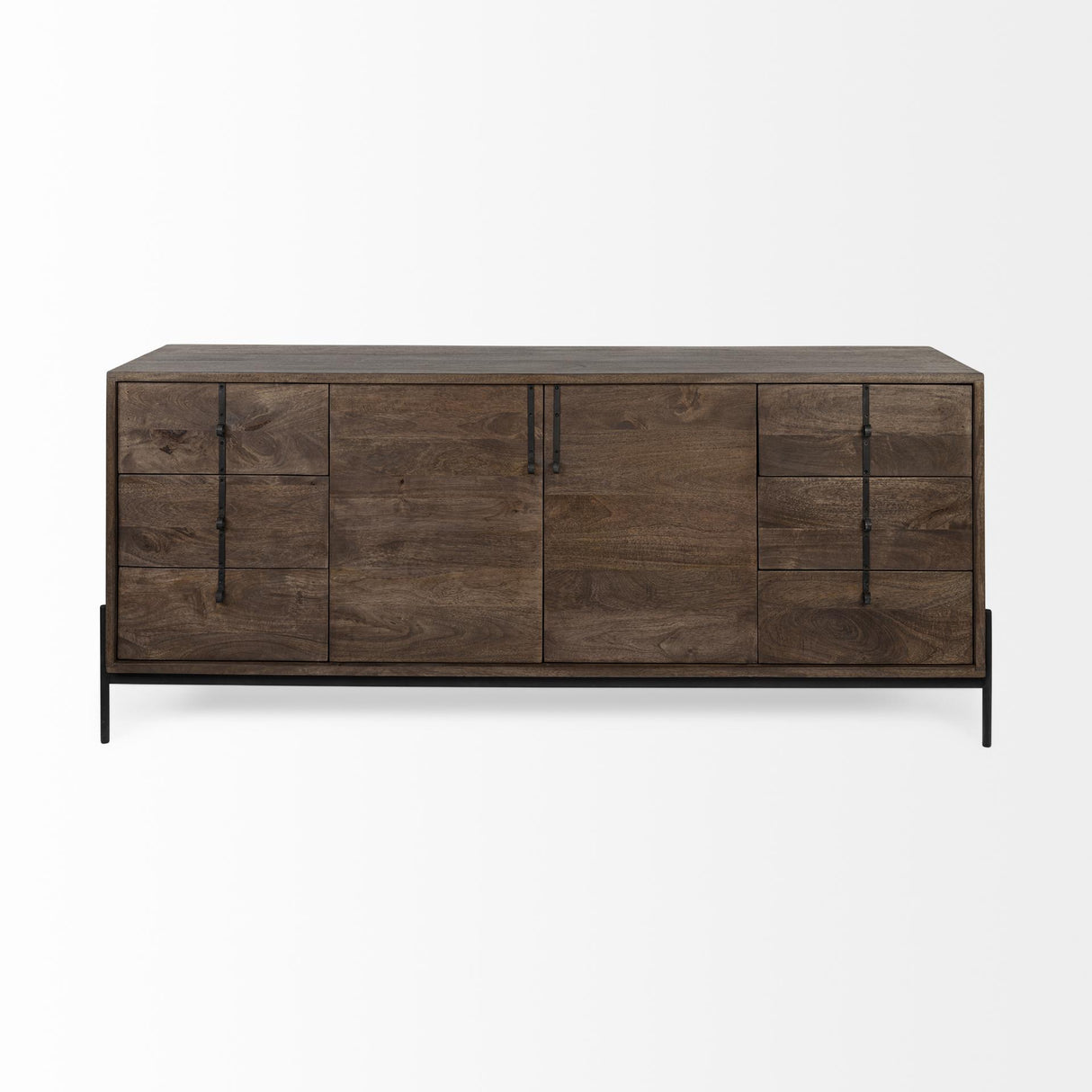 Mercana Glenn VI 71.5x18 Dark Brown Wood Frame w/ Black Iron Accent, 6 Drawer, 2 Door Cabinet Sideboard