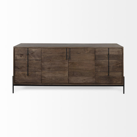 Mercana Glenn VI 71.5x18 Dark Brown Wood Frame w/ Black Iron Accent, 6 Drawer, 2 Door Cabinet Sideboard