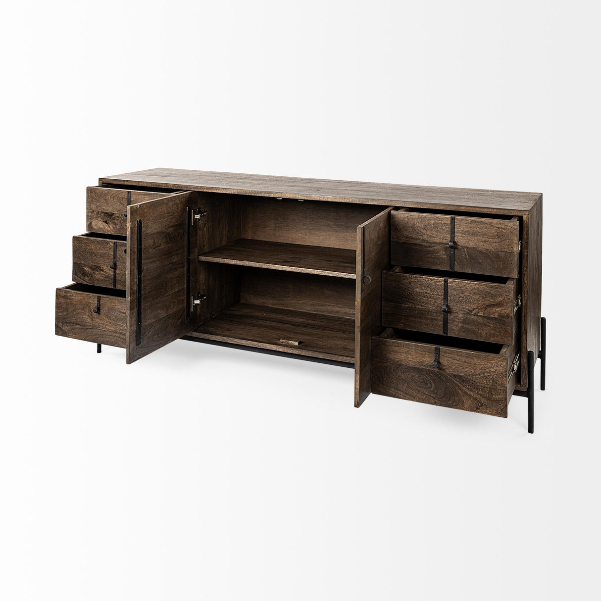 Mercana Glenn VI 71.5x18 Dark Brown Wood Frame w/ Black Iron Accent, 6 Drawer, 2 Door Cabinet Sideboard