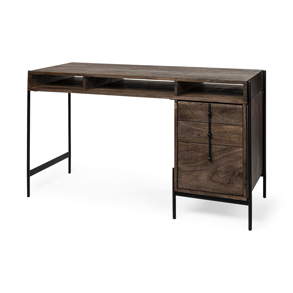 Mercana Glenn VII 56L x 22W Dark Brown Wood w/ Black Iron Frame, 3 Drawer Office Desk
