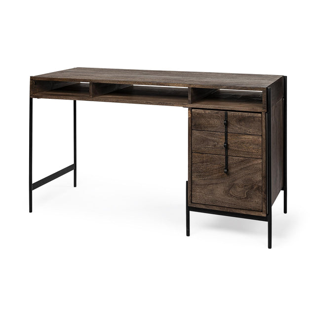 Mercana Glenn VII 56L x 22W Dark Brown Wood w/ Black Iron Frame, 3 Drawer Office Desk