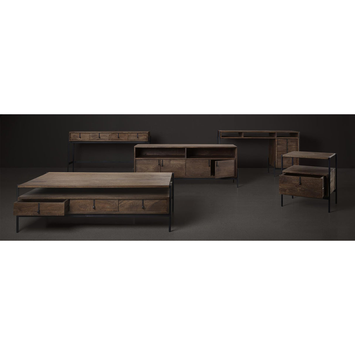 Mercana Glenn VII 56L x 22W Dark Brown Wood w/ Black Iron Frame, 3 Drawer Office Desk