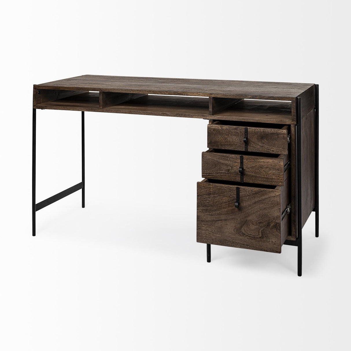 Mercana Glenn VII 56L x 22W Dark Brown Wood w/ Black Iron Frame, 3 Drawer Office Desk