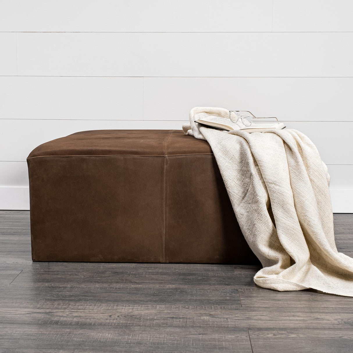 Mercana Minara 36" Square Brown Leather Wrapped w/Wood Base Ottoman
