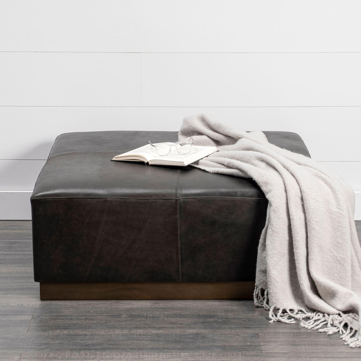 Mercana Minara 36" Square Black Leather Wrapped w/Metal Base Ottoman