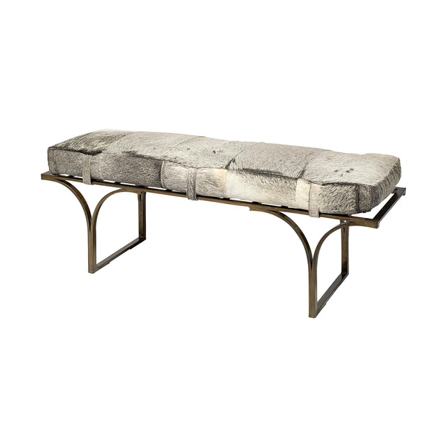 Mercana Jessie 55L x 16W White/Gray Hair-On-Hide Seat W/Gold Metal Base Accent Bench