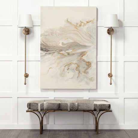 Mercana Jessie 55L x 16W White/Gray Hair-On-Hide Seat W/Gold Metal Base Accent Bench