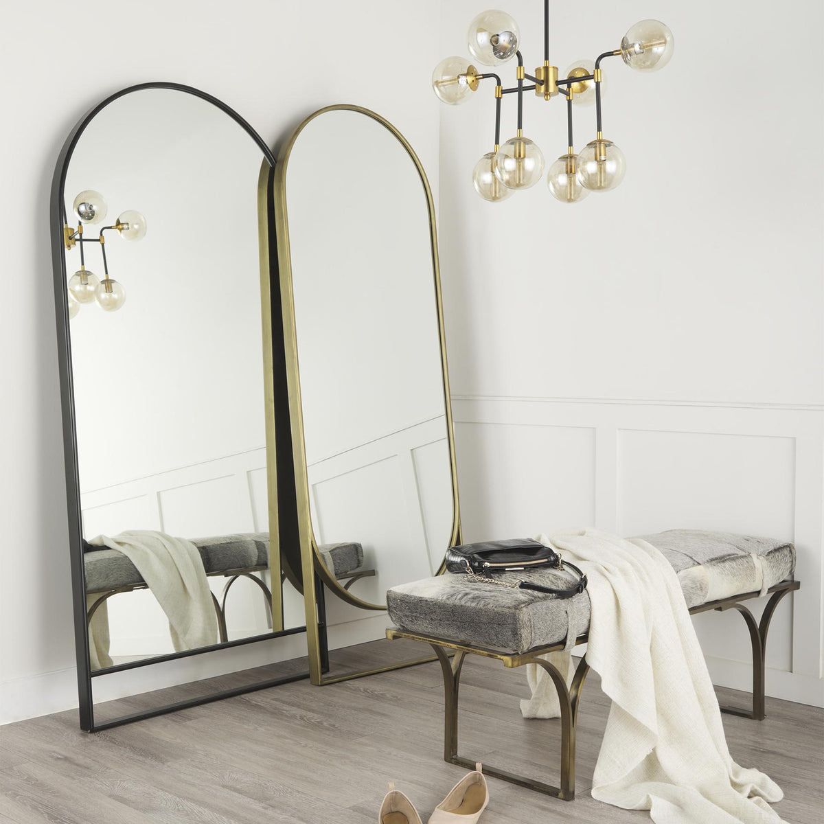 Mercana Jessie 55L x 16W White/Gray Hair-On-Hide Seat W/Gold Metal Base Accent Bench