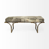 Mercana Jessie 55L x 16W White/Gray Hair-On-Hide Seat W/Gold Metal Base Accent Bench