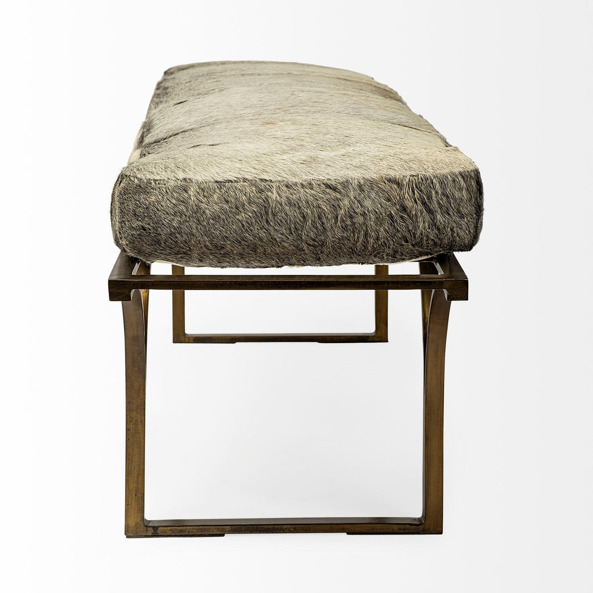 Mercana Jessie 55L x 16W White/Gray Hair-On-Hide Seat W/Gold Metal Base Accent Bench