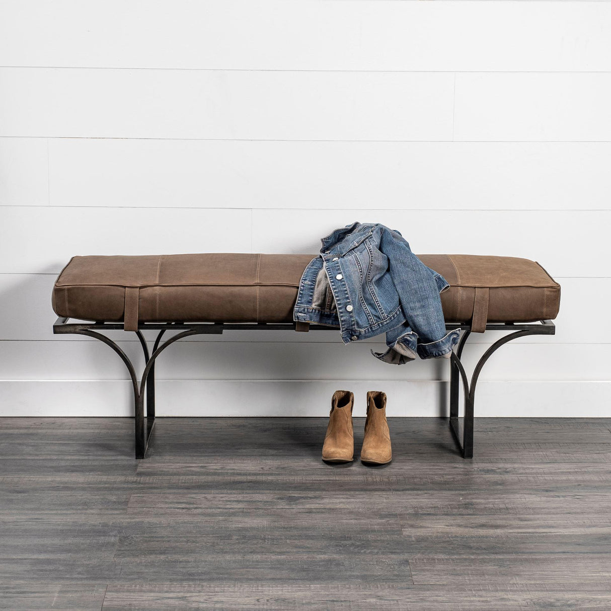 Mercana Jessie 55L x 16W Brown Leather Seat W/Black Metal Base Accent Bench