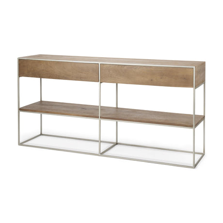 Mercana Morris I 63L x 15W x 31H Brown Wood w/ Silver Metal Frame 2 Drawer Console Table