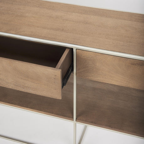 Mercana Morris I 63L x 15W x 31H Brown Wood w/ Silver Metal Frame 2 Drawer Console Table