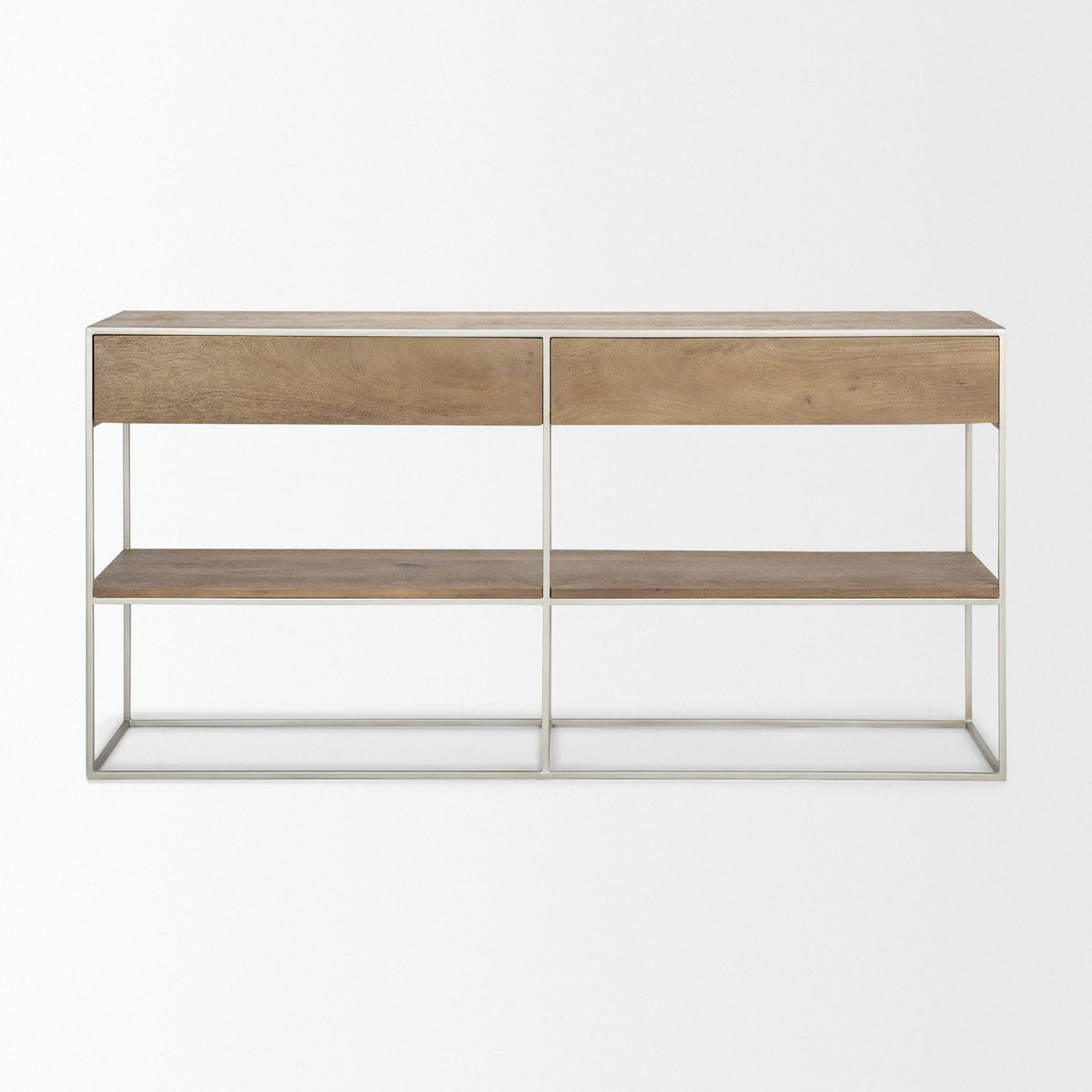 Mercana Morris I 63L x 15W x 31H Brown Wood w/ Silver Metal Frame 2 Drawer Console Table