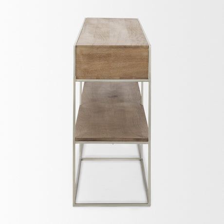 Mercana Morris I 63L x 15W x 31H Brown Wood w/ Silver Metal Frame 2 Drawer Console Table