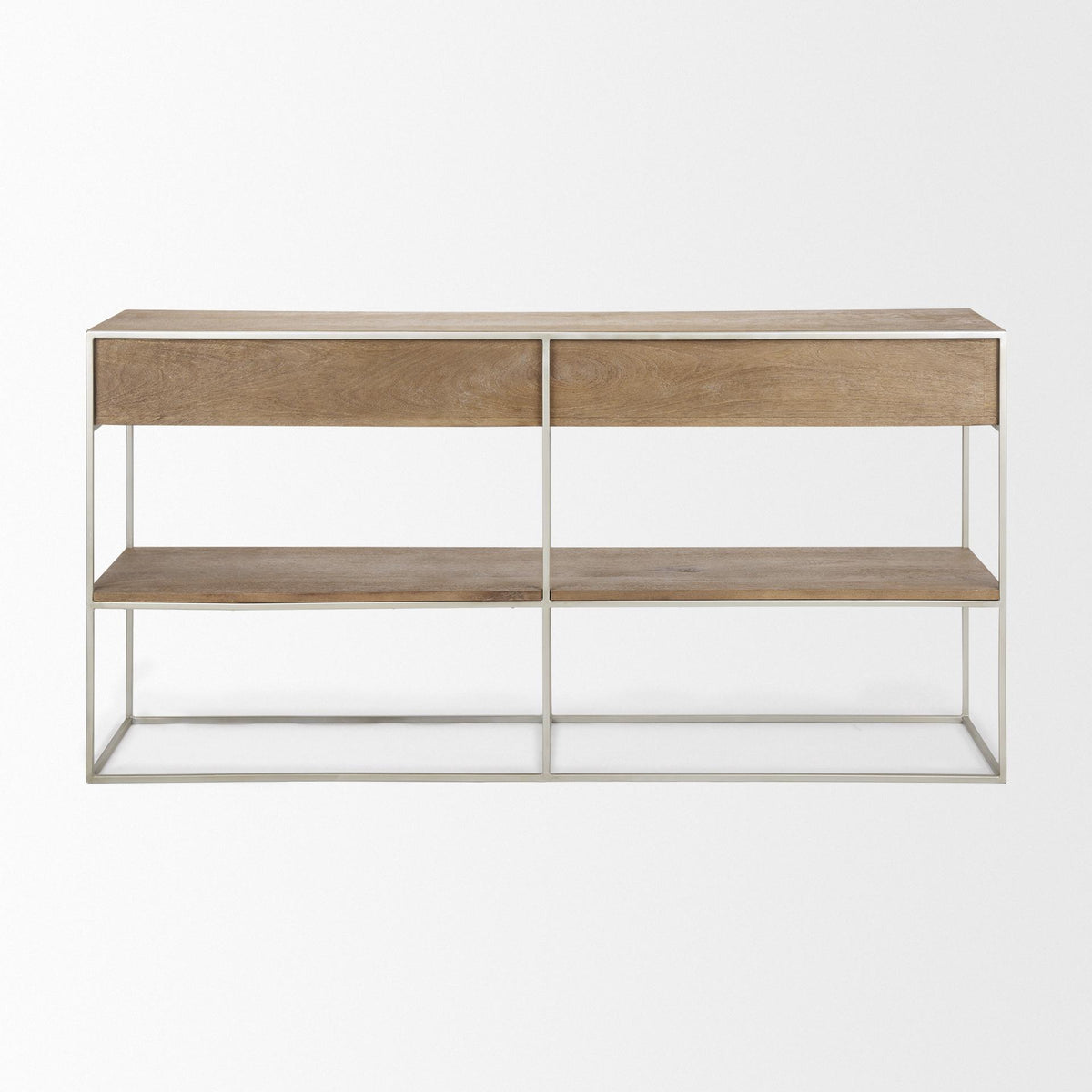 Mercana Morris I 63L x 15W x 31H Brown Wood w/ Silver Metal Frame 2 Drawer Console Table