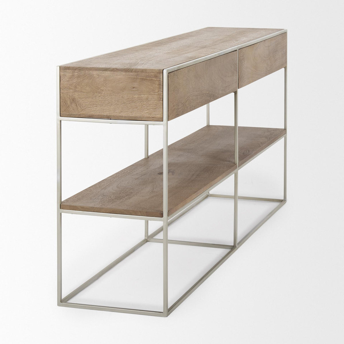 Mercana Morris I 63L x 15W x 31H Brown Wood w/ Silver Metal Frame 2 Drawer Console Table