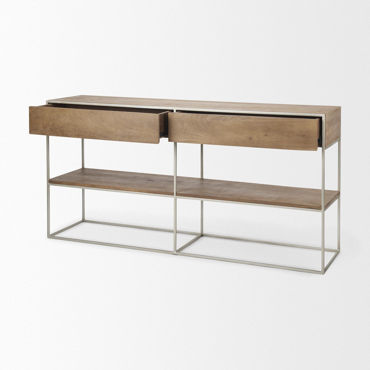 Mercana Morris I 63L x 15W x 31H Brown Wood w/ Silver Metal Frame 2 Drawer Console Table