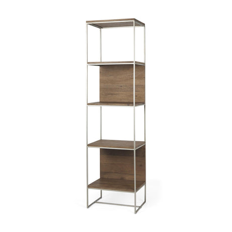 Mercana Morris II 19.75 x 15 x 72.5 Brown Wood and Silver Metal Frame 4 Shelf Shelving Unit