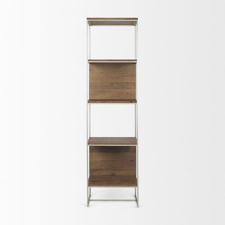 Mercana Morris II 19.75 x 15 x 72.5 Brown Wood and Silver Metal Frame 4 Shelf Shelving Unit